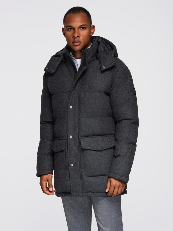 Pánská dlouhá teplá bunda parka s vlnou - černá melanž V2 OM-JALJ-0217