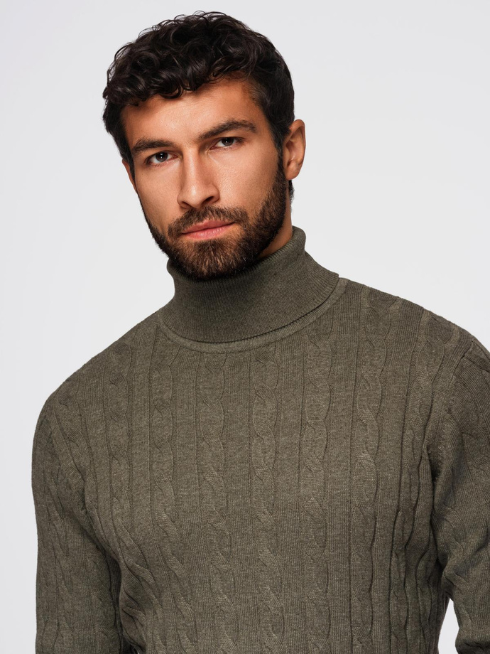 Men's turtleneck sweater with checkered weave - olive V2 OM-SWTN-0157