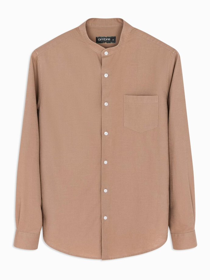 Men's linen shirt with stand-up collar and pocket REGULAR FIT - light brown V7 OM-SHCS-0161