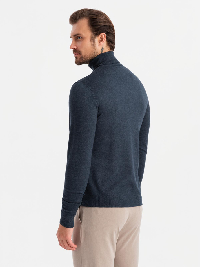 Men's knitted turtleneck with viscose - navy blue V4 OM-SWTN-0127