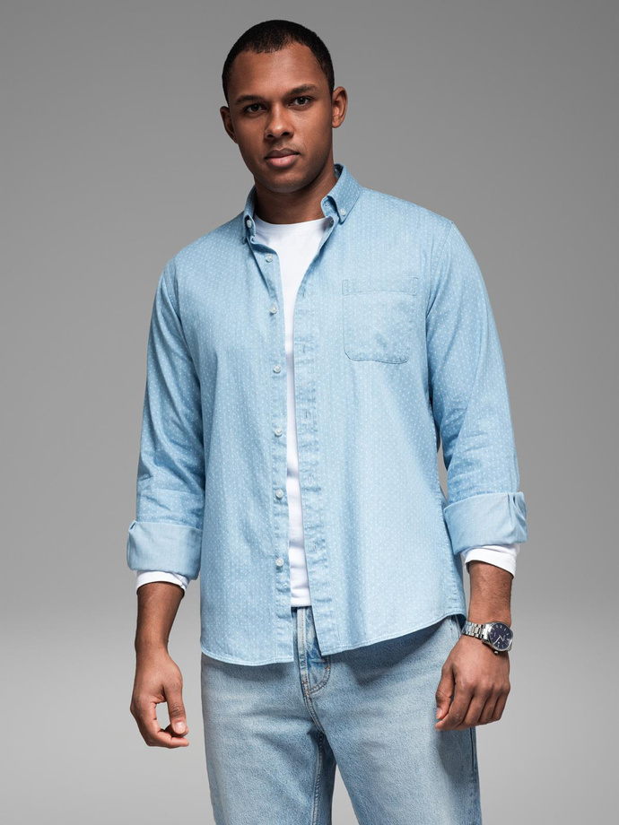 Men's patterned thin denim shirt with pocket - light blue V1 OM-SHDS-0179