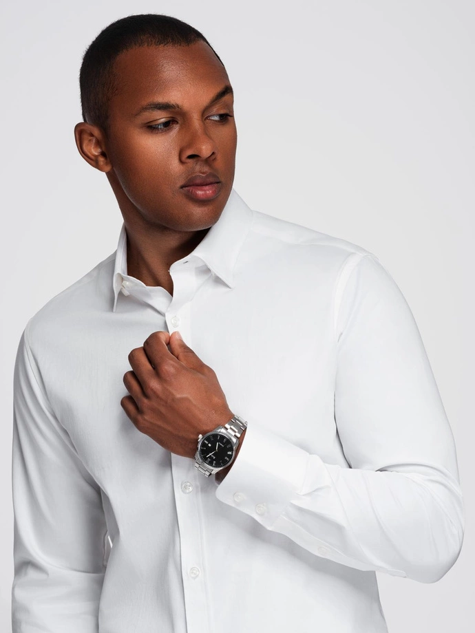 Classic men's SLIM FIT shirt in satin fabric - white V1 OM-SHOS-0176