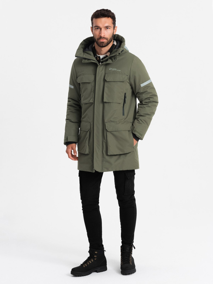 Men's insulated long jacket with reflective elements - olive V3 OM-JALJ-0169