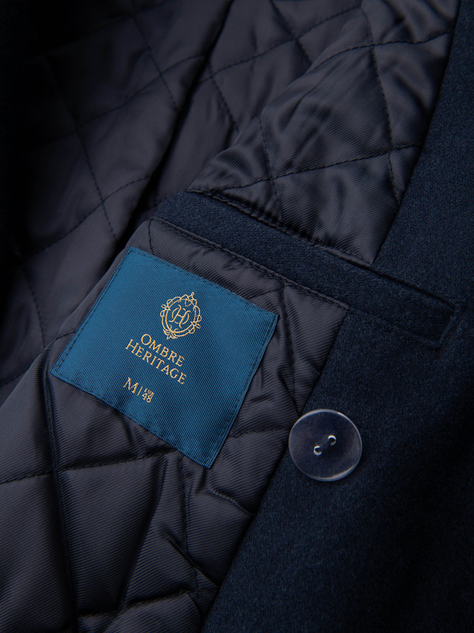 Men's double-breasted coat with wool and decorative appliqués - V1 navy blue OM-COWC-0149