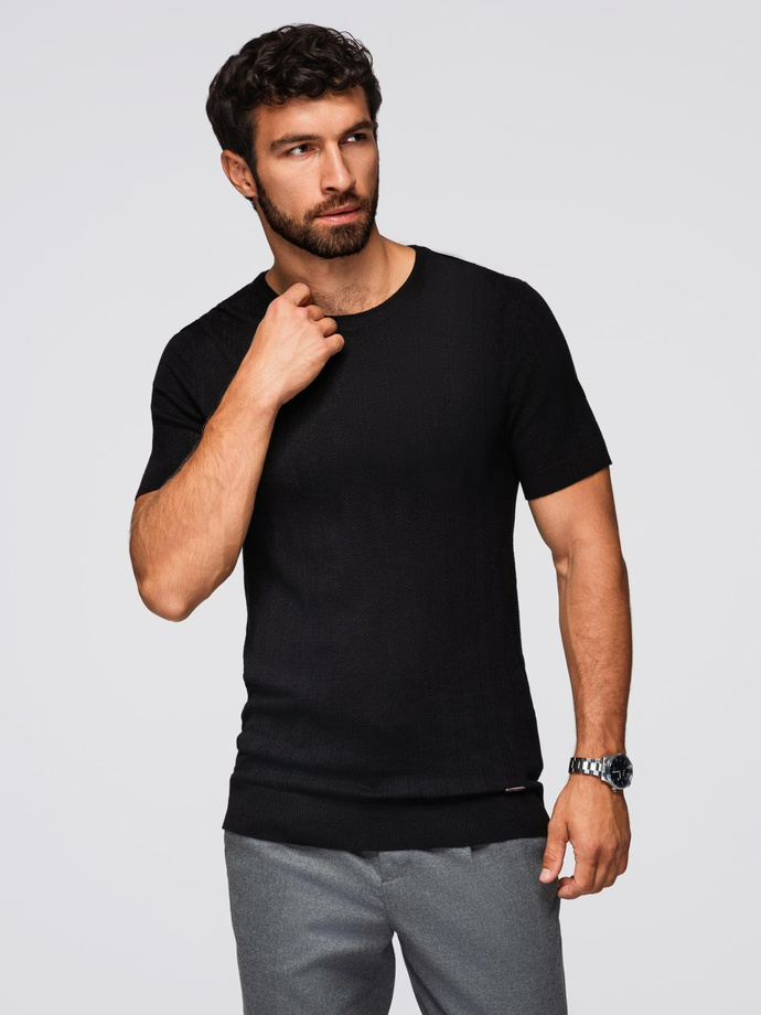 Men's openwork sweater with round neckline and short sleeves - black V2 OM-TSCT-0251