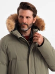 Men's long parka jacket with flared bottom - dark olive green V4 OM-JALJ-0184