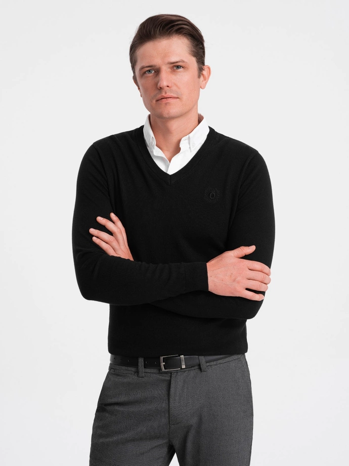 Vyriškas džemperis su marškinių apykakle ir V formos iškirpte - juodas V1 OM-SWSW-0102