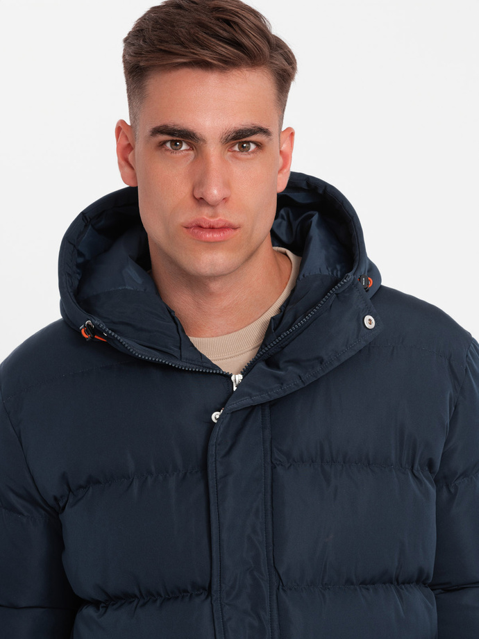 Warm men's sports jacket with double hood - navy blue V2 OM-JAHP-0208