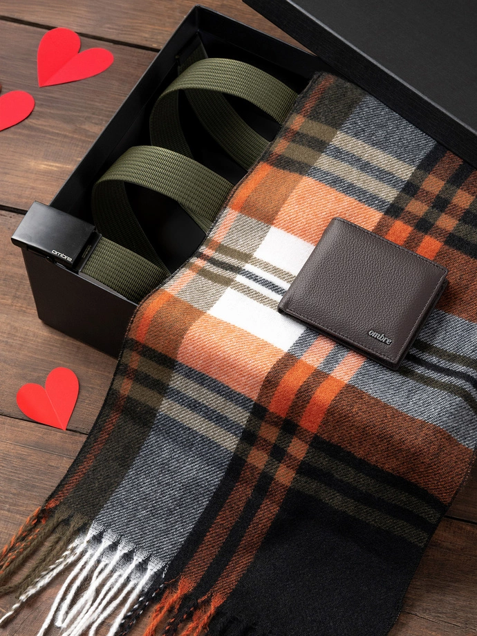 Gift set for him - men's accessories - sash belt + leather wallet + colorful checkered scarf - Z96