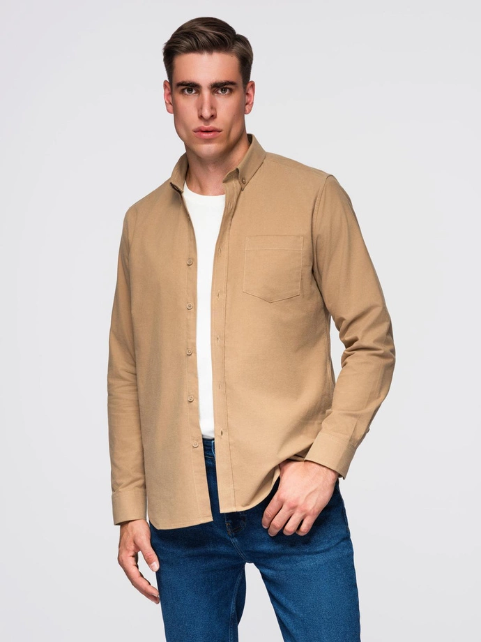 Vyriški medvilniniai marškiniai REGULAR FIT su kišenėmis - šviesiai rudi V2 OM-SHOS-0153