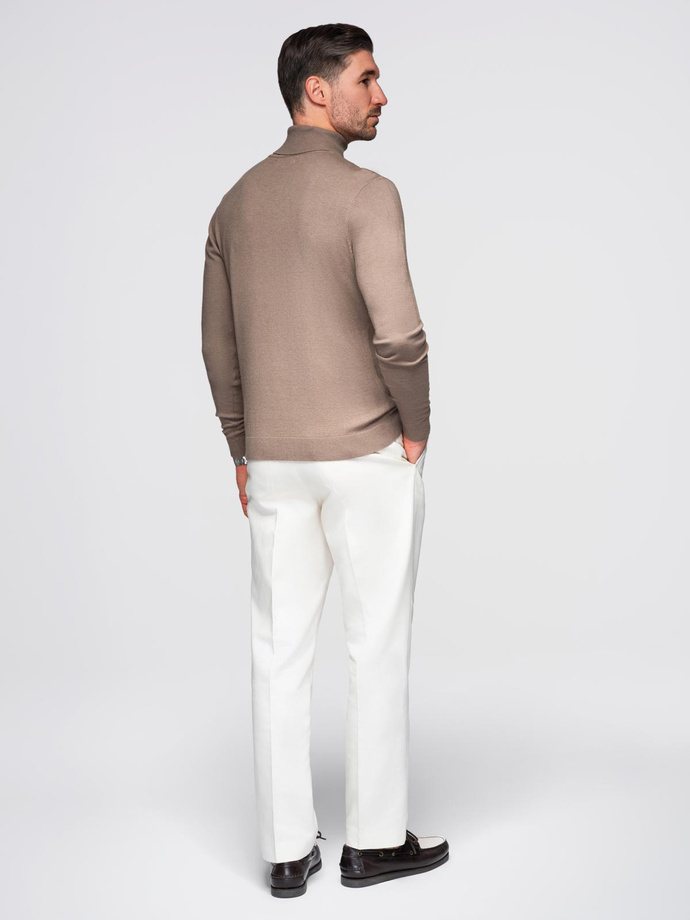 Men's knitted turtleneck with viscose - dark beige V3 OM-SWTN-0127