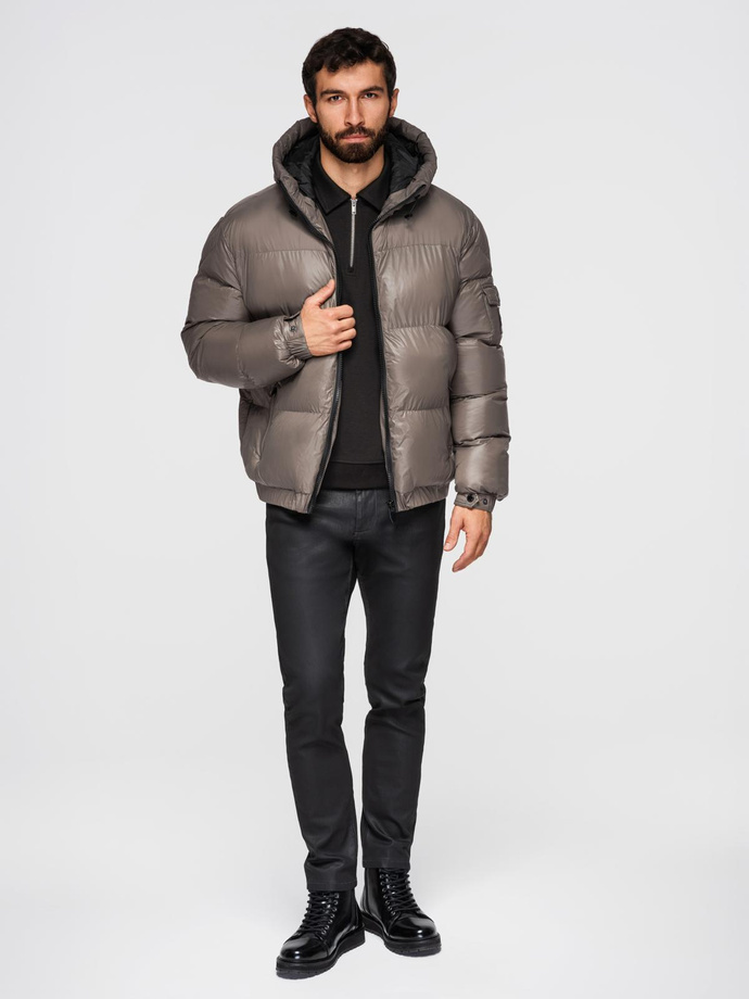 Warm men's puffer jacket with welts - dark beige V3 OM-JAHP-0207