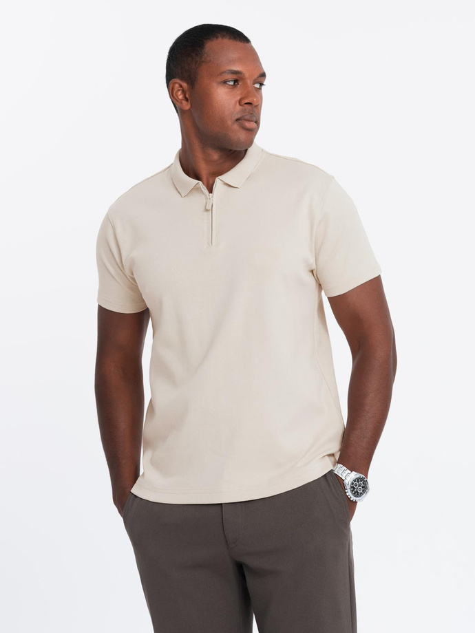 Men's polo shirt with zippered collar - cream V3 OM-POSS-0132