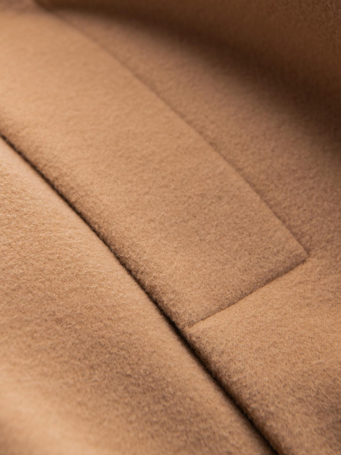 Men's coat with asymmetrical fastening and high collar - light brown V4 OM-COWC-0120