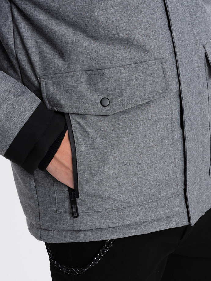 Jachetă de iarnă pentru bărbați cu glugă reglabilă cu blană detașabilă - gri și negru V1 OM-JAHP-0144