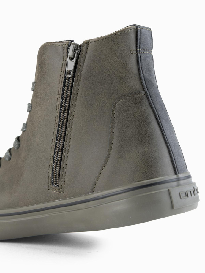 Men's high-top sneakers with matte texture and embossed logo - dark olive V2 OM-FOTH-0185