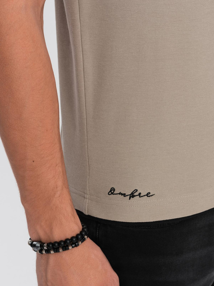 Men's cotton polo shirt with contrast trim - dark beige V5 OM-POSS-0113