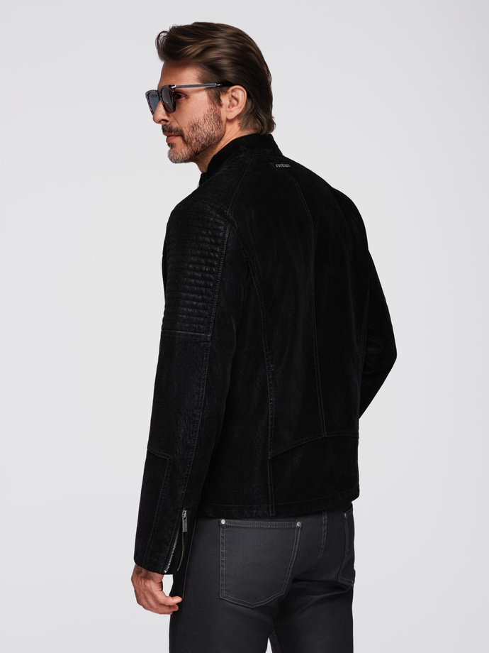 Men's retro-style biker jacket with stand-up collar - black V2 OM-JAFL-0197
