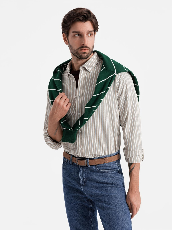 Pánská bavlněná košile REGULAR FIT s jemnými proužky - béžová V1 OM-SHOS-0170