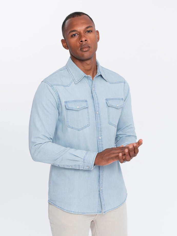 Men's denim snap shirt with pockets - light blue V1 OM-SHDS-0115