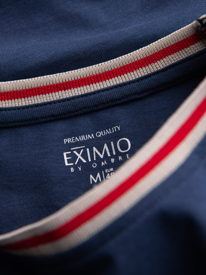 Men's cotton longsleeve with striped U neckline and embroidery - dark blue V3 OM-LSCL-0128