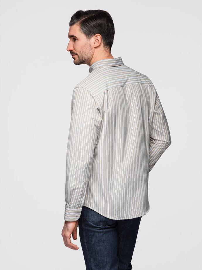 Men's cotton REGULAR FIT shirt with fine stripes - beige V1 OM-SHOS-0170