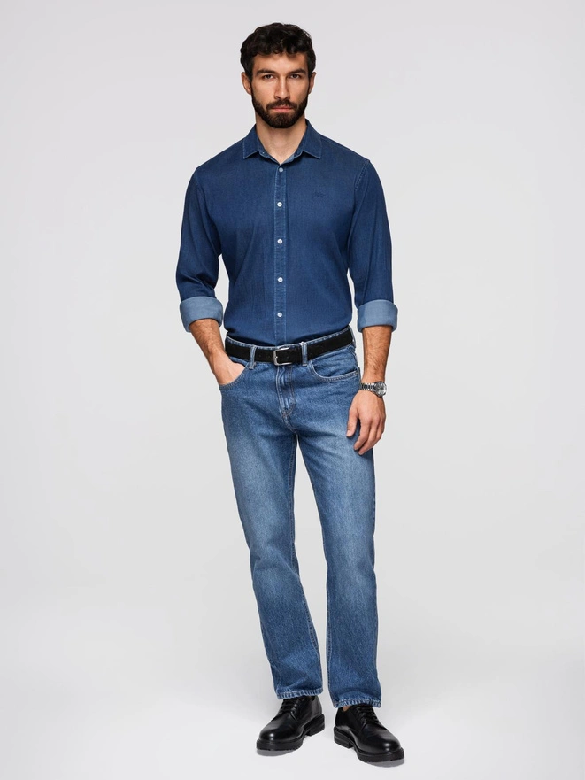 Cămașă bărbătească din bumbac cu model SLIM FIT - albastru marin V6 OM-SHCS-0151