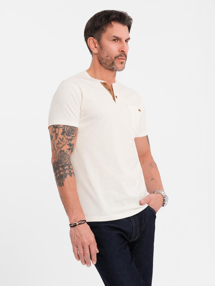 Men's t-shirt with button neckline and suede trim - white V1 OM-TSCT-0206