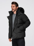 Men's quilted jacket with cut of ramoneski with hood - black V1 OM-JAHP-0252