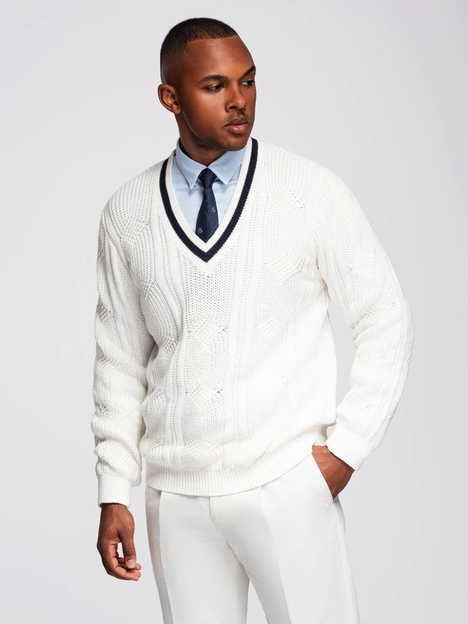 Knitted monochrome men's viscose cardigan - navy blue V1 OM-SWCD-0126