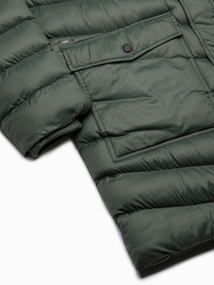 Pánská prošívaná zimní bunda parka - tmavě olivově zelená V1 OM-JALJ-0100