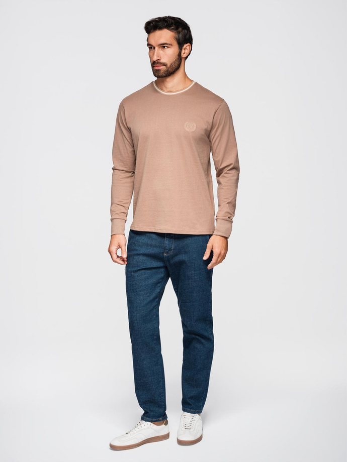 Men's cotton longsleeve with striped U neckline and embroidery - brown V6 OM-LSCL-0128