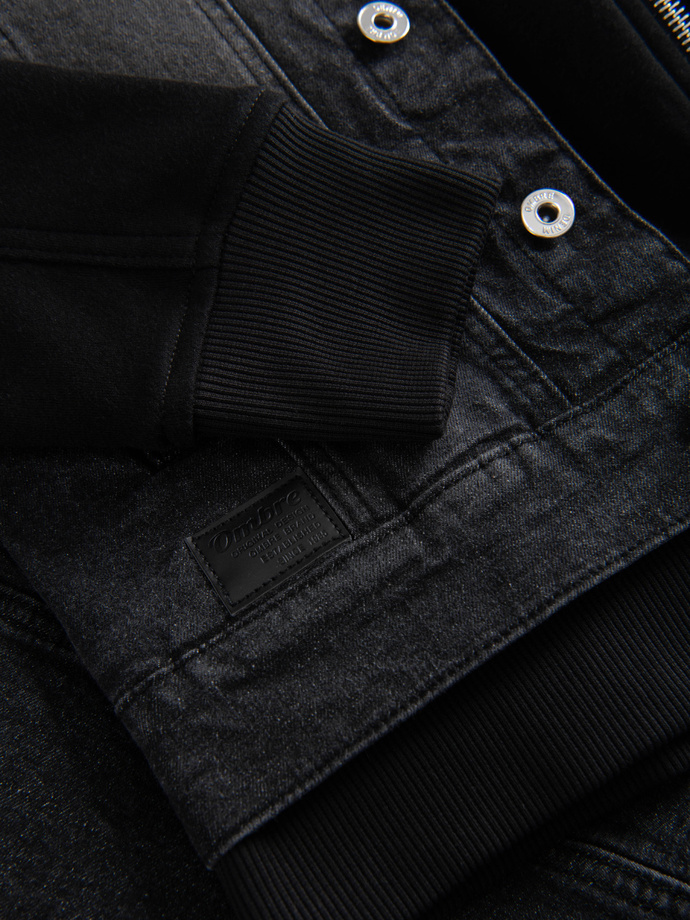 Jachetă din denim pentru bărbați cu mâneci tricotate și glugă - negru V3 OM-JADJ-0220