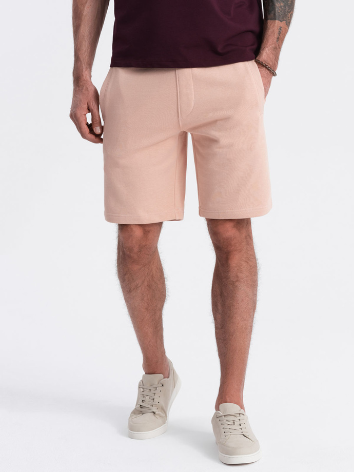 Men's knit shorts with drawstring and pockets - powder pink V11 OM-SRBS-0139