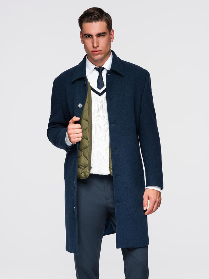 Men's long single-breasted coat with collar and undercoat - black V1 OM-COWC-0106