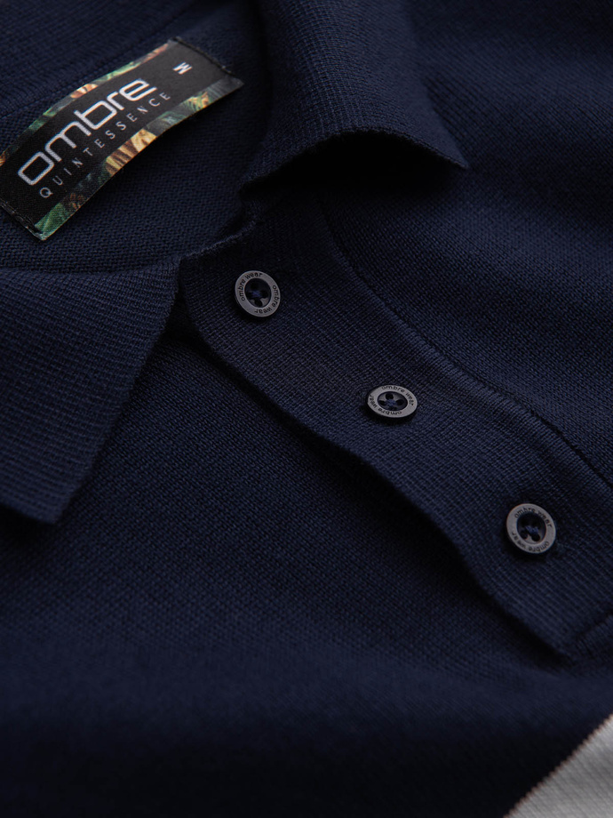 Men's soft knit polo shirt with contrasting stripes - navy blue V2 OM-POSS-0118