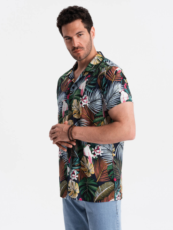 Men's short sleeve patterned viscose shirt - jungle V10 OM-SHPS-0113