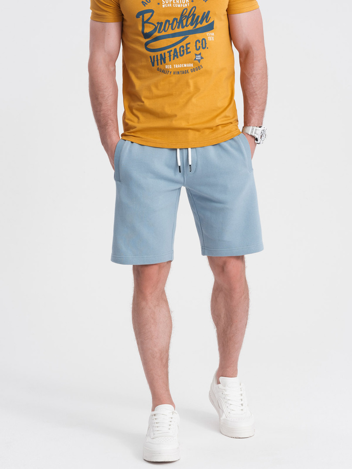 Men's knitted shorts with drawstring and pockets - light blue V7 OM-SRBS-0139