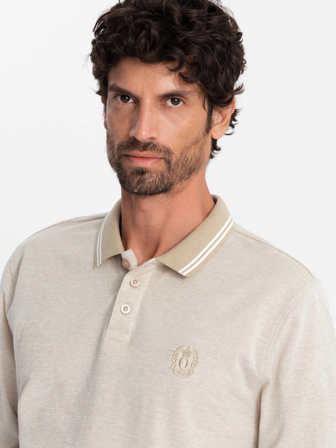 Men's melange polo longsleeve with embroidery - sand melange V4 OM-POLS-0129