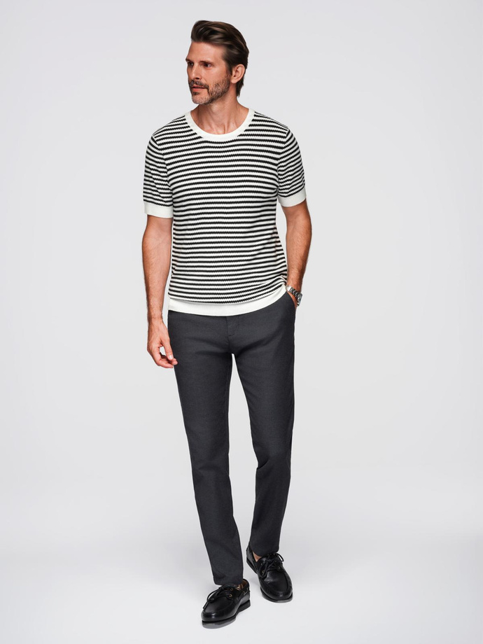 Men's knitted t-shirt with navy stripes and openwork weave - black and white V1 OM-TSCT-0255