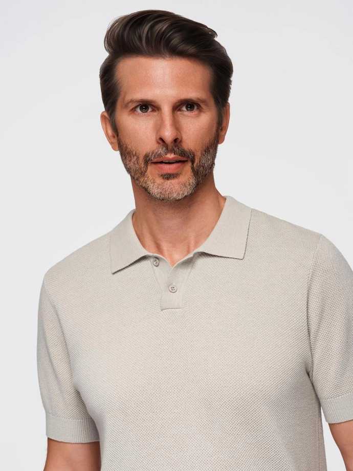 Men's cotton structured knit polo shirt - beige V6 OM-POSS-0117