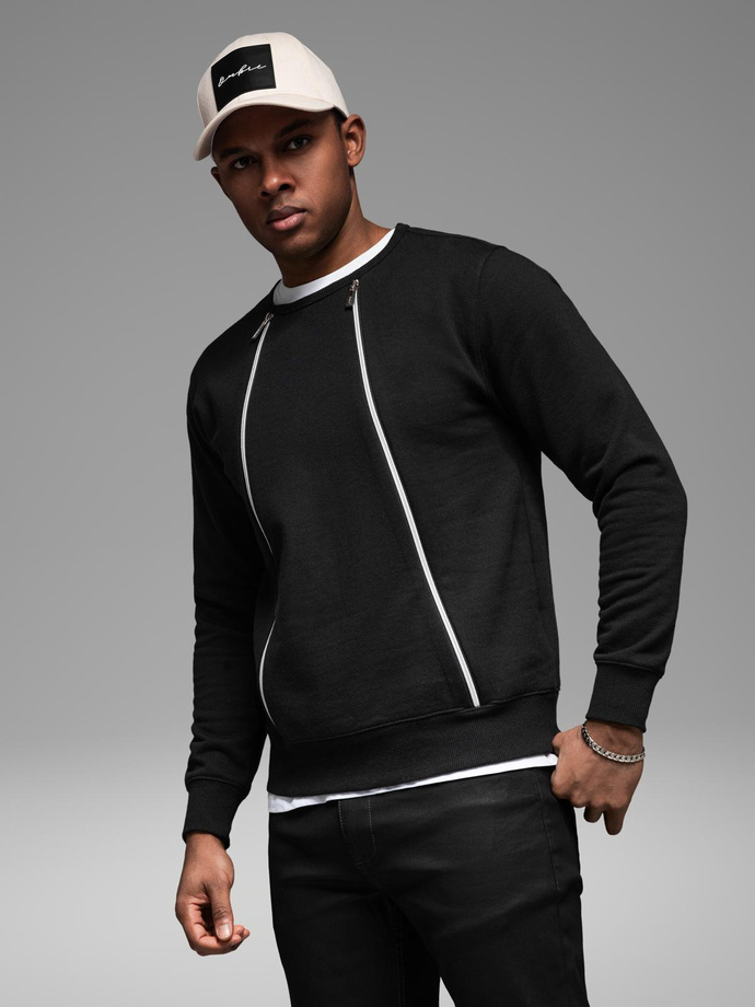 Men's sweatshirt with decorative front zips - black V1 OM-SSNZ-0187