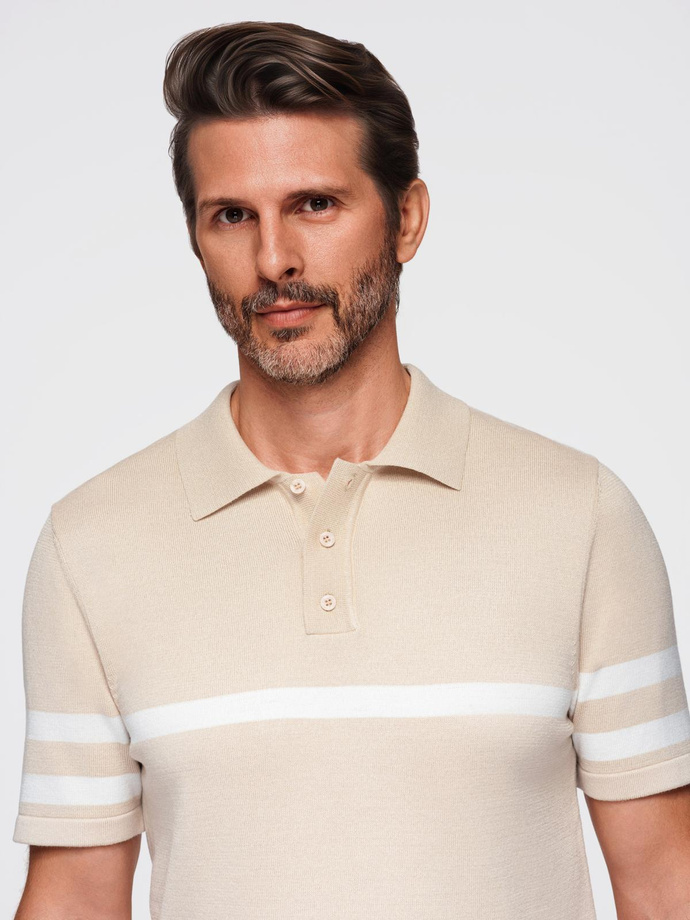 Men's soft knit polo shirt with contrasting stripes - beige V4 OM-POSS-0118