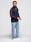 Men's unbuttoned sweatshirt with piping and high collar - navy blue V3 OM-SSZP-0224