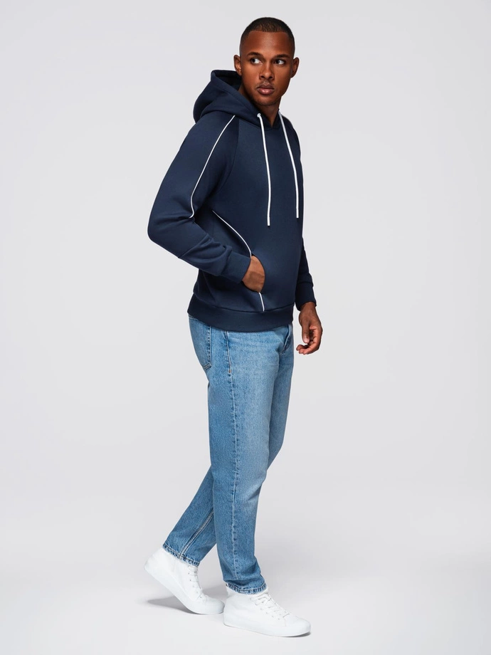 Men's sweatshirt with contrast stitching and hood - navy blue V2 OM-SSNZ-0250