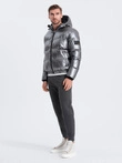 Men's glossy puffer jacket with hood - graphite V2 OM-JAHP-0129