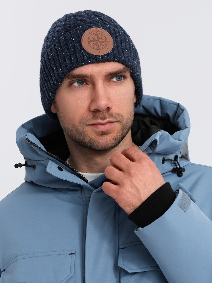 Men's beanie cap with round embossed patch - navy blue V2 OM-ACWH-0121