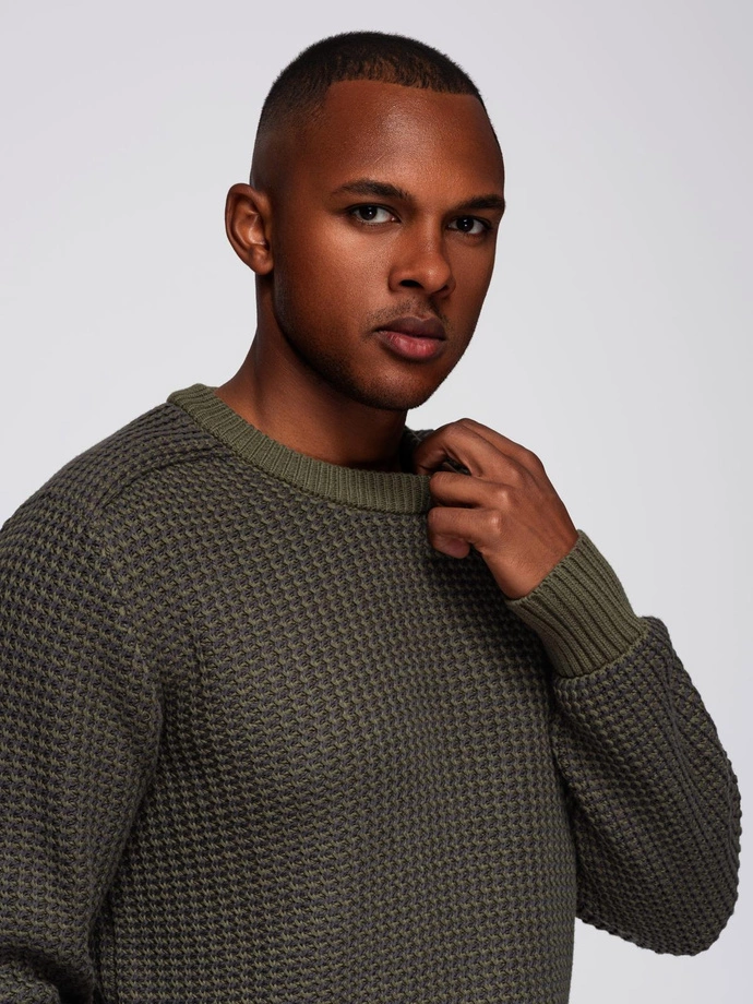 Men's contrast weave sweater with round neckline - dark olive V2 OM-SWSW-0122