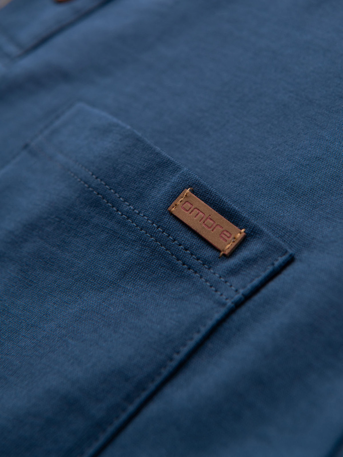 Men's T-shirt with button neckline and suede trim - dark blue V2 OM-TSCT-0206