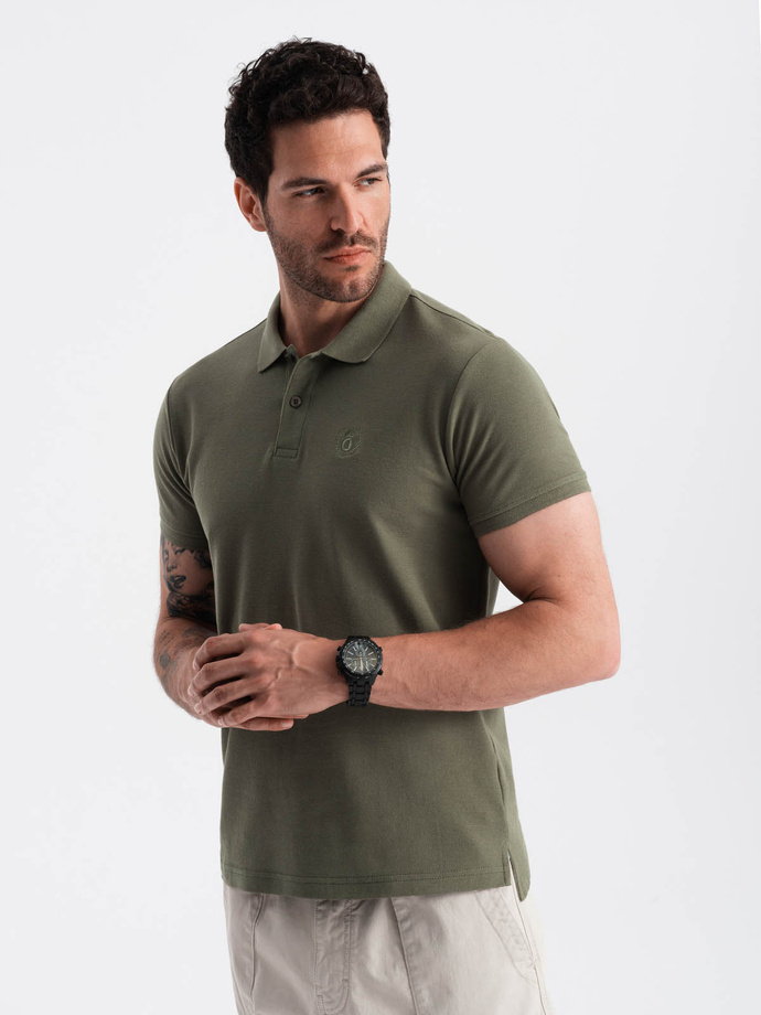 Men's BASIC single-color pique knit polo shirt - dark olive green V6 OM-POBS-0100